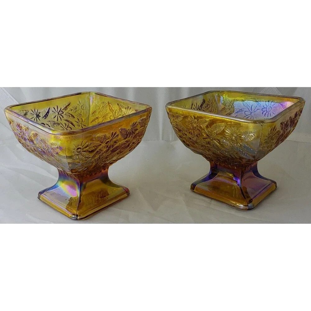 Vintage ~ Iridescent Amber Indiana Carnival Glass ~ Diamond Shaped Pedestal Dish